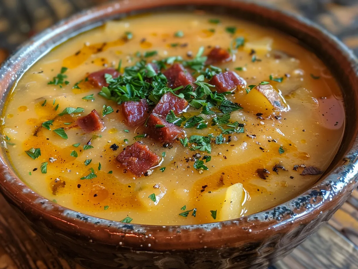 A bowl of rustic Spanish Potato Soup with Chorizo garnished with parsley.
