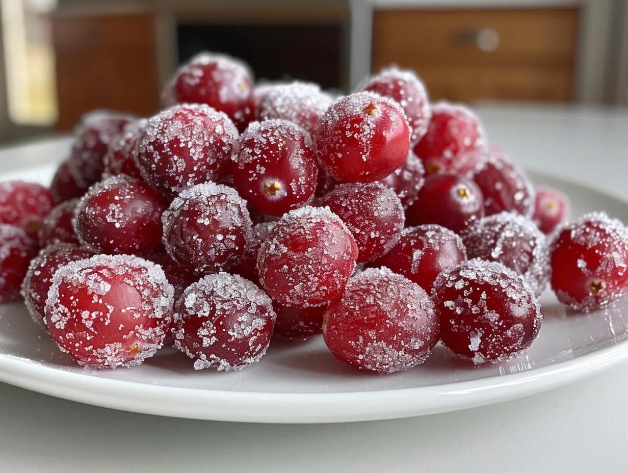 Sugared Cranberries artfully arranged on a festive holiday table setting