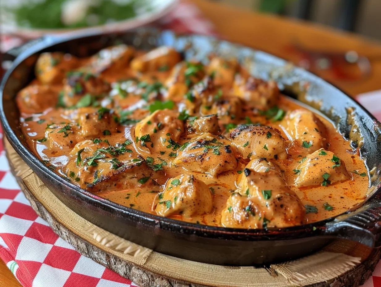 Delicious Texas Roadhouse Butter Chicken Skillet served in a bowl with cilantro garnish