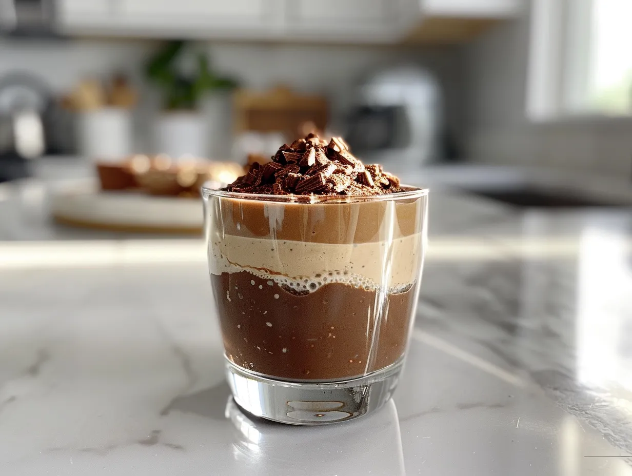 A delicious bowl of tiramisu chia pudding with whipped cream and cocoa powder.