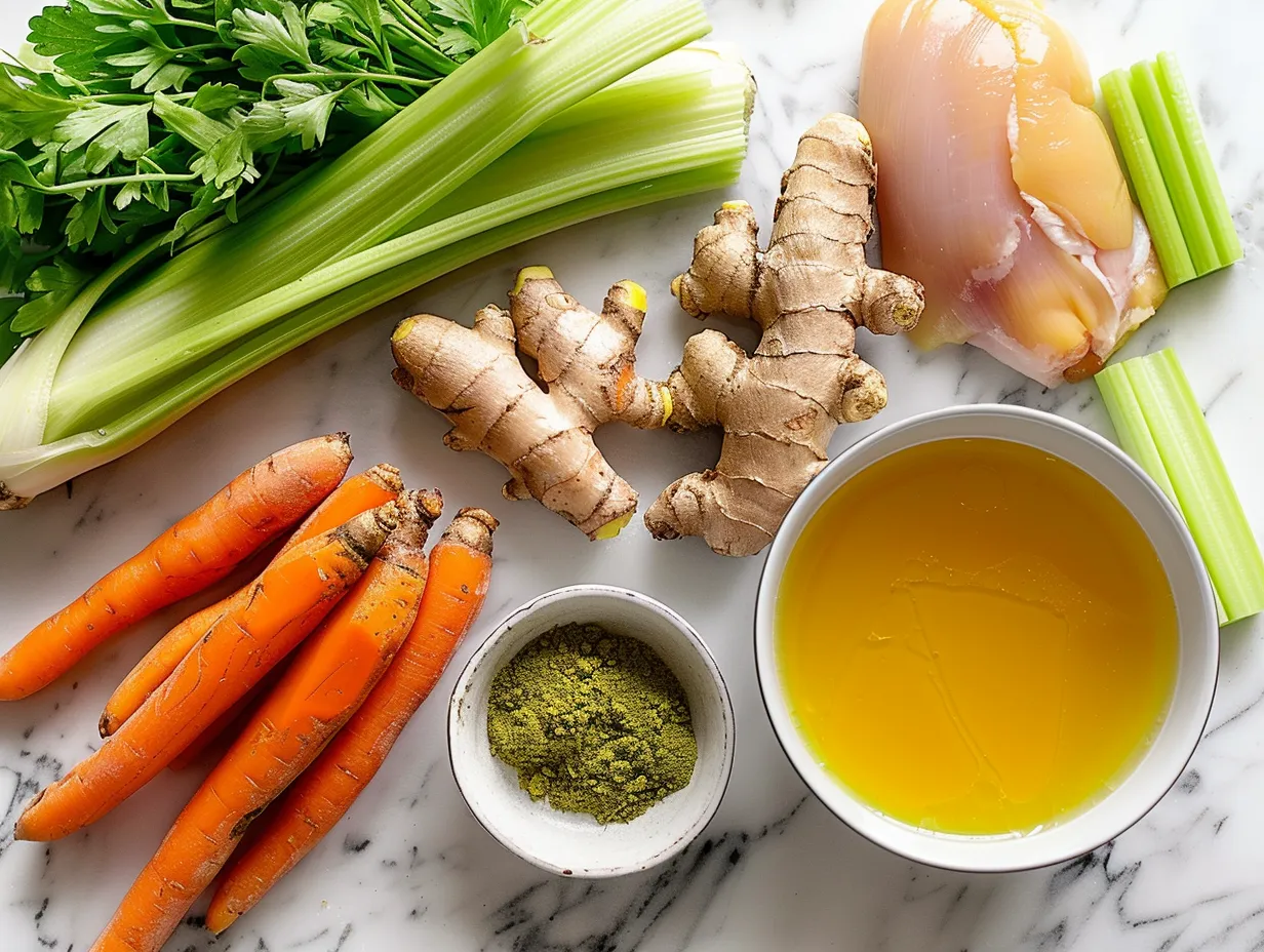 Ingredients for making turmeric chicken soup including chicken, vegetables, broth, and spices