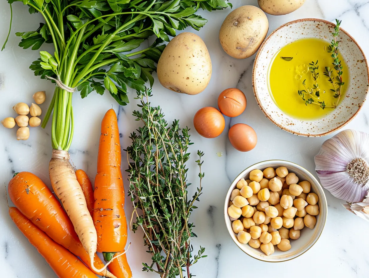 Ingredients for Tuscan Chickpea Soup on a marble countertop