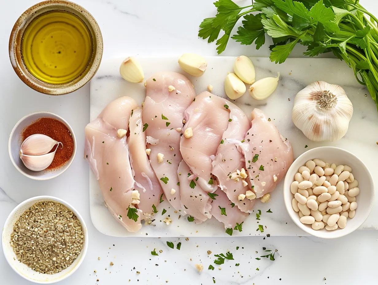 Ingredients for making White Chicken Chili: olive oil, onion, garlic, spices, cooked chicken, beans, broth, green chilies, and cream cheese.