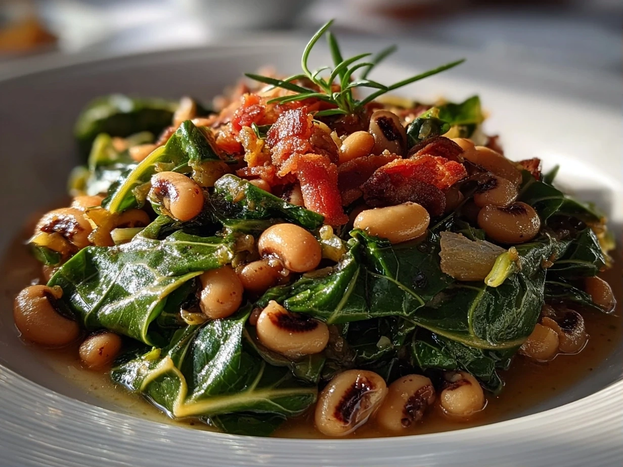 A final, enticing shot of a bowl of Southern Black-Eyed Peas with Collard Greens, ready to be served.