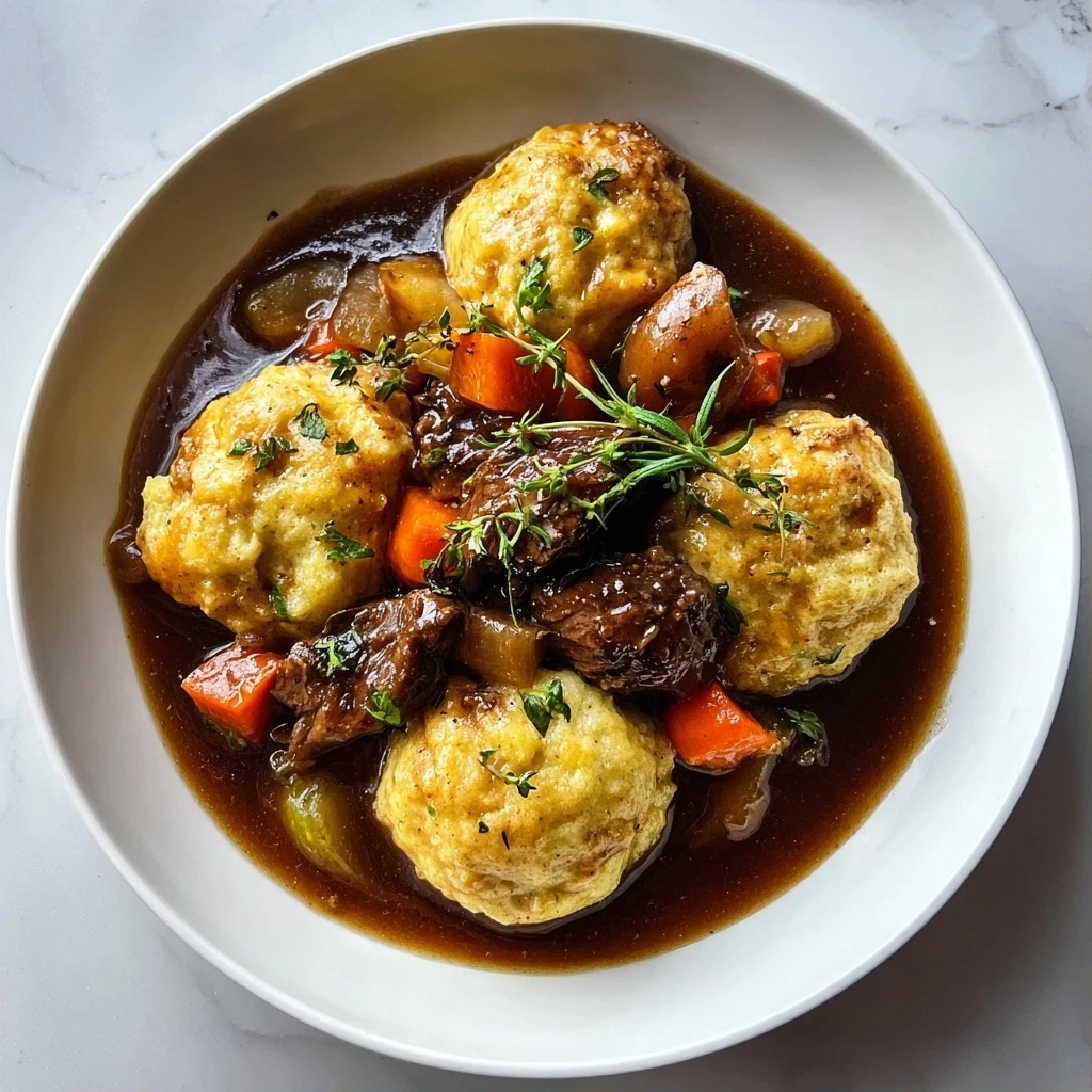 A satisfying bowl of beef stew and dumplings, steaming and ready to eat.