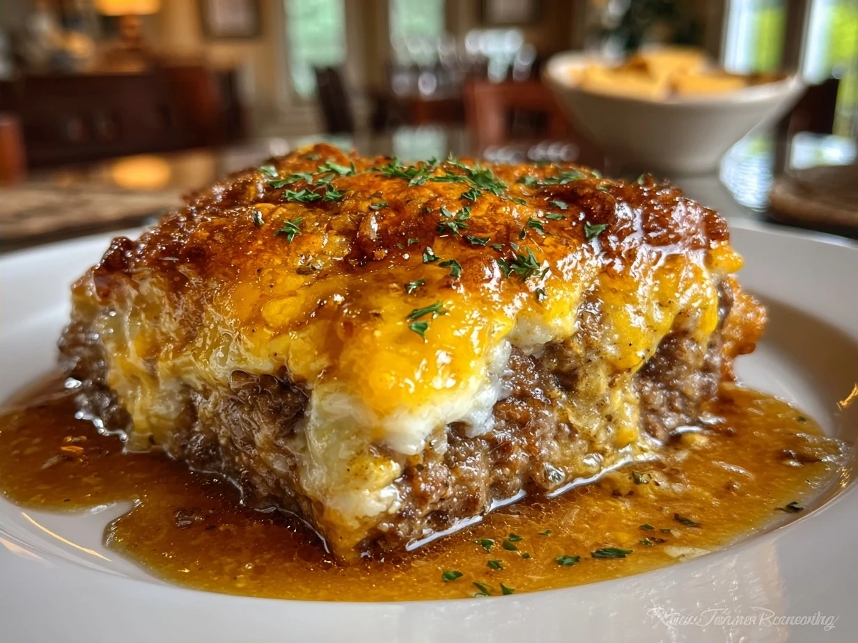 A delicious Amish Hamburger Steak Bake ready to be served.