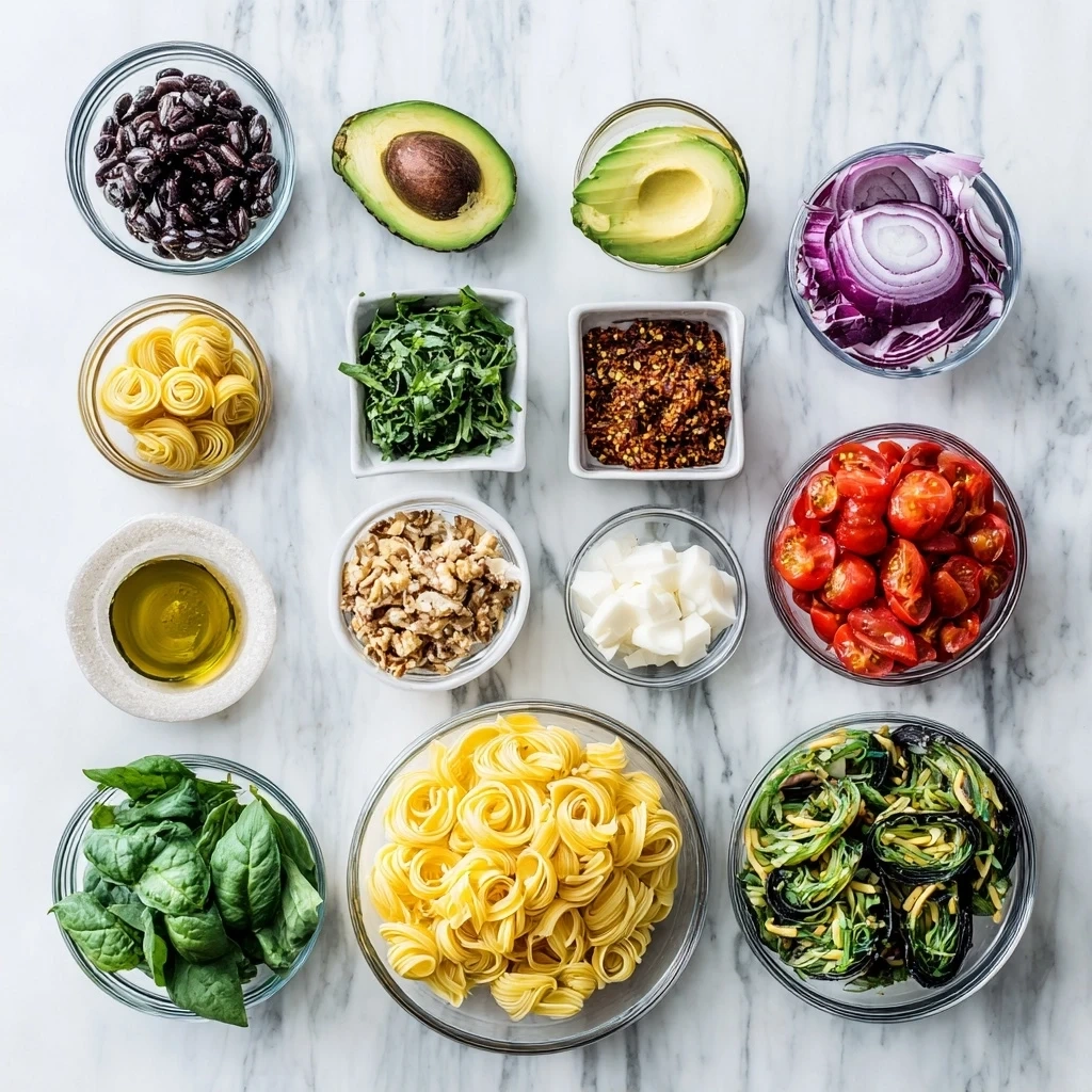 Ingredients for Avocado Pasta Salad including pasta, avocados, cilantro, red onion, lime, olive oil, garlic powder, salt, pepper, and cherry tomatoes