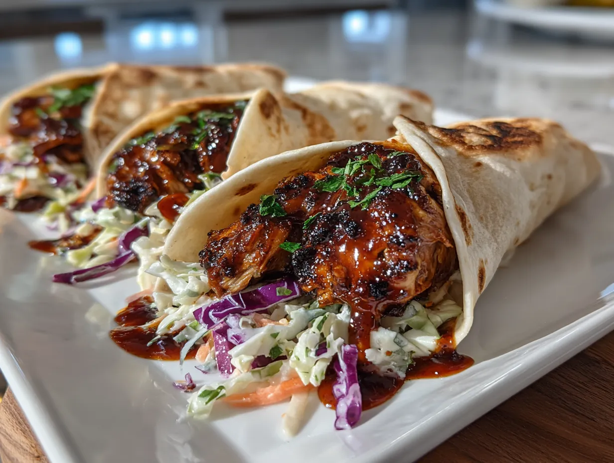 BBQ Chicken and Coleslaw Wraps served on a plate, ready to eat.