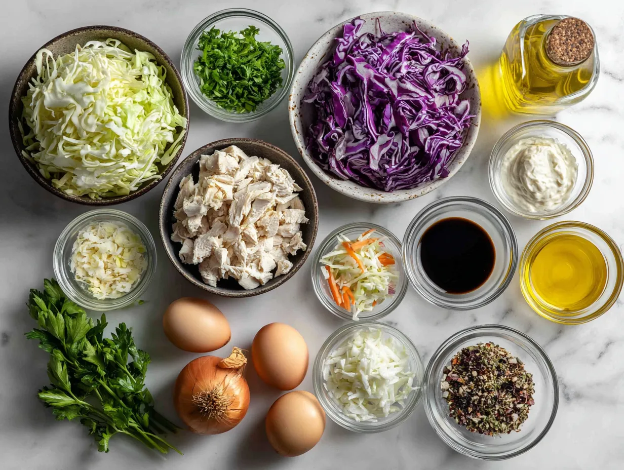 Ingredients for BBQ Chicken and Coleslaw Wraps including chicken, BBQ sauce, coleslaw mix, and tortillas.