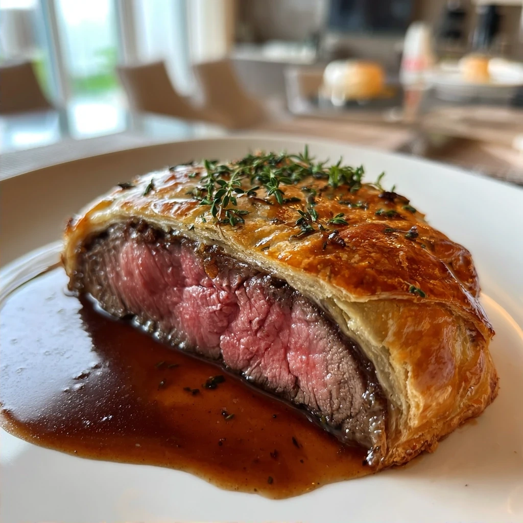 Finished Beef Wellington sliced and ready to serve, showcasing the tender beef and flaky pastry.