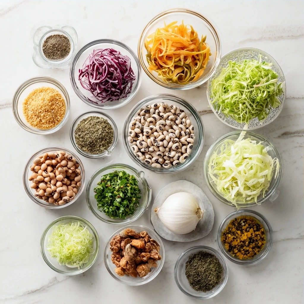Ingredients for making Black-Eyed Pea Salad including canned black-eyed peas, red and green bell peppers, red onion, celery, parsley, apple cider vinegar, olive oil, Dijon mustard, honey, salt, pepper, and jalapeño