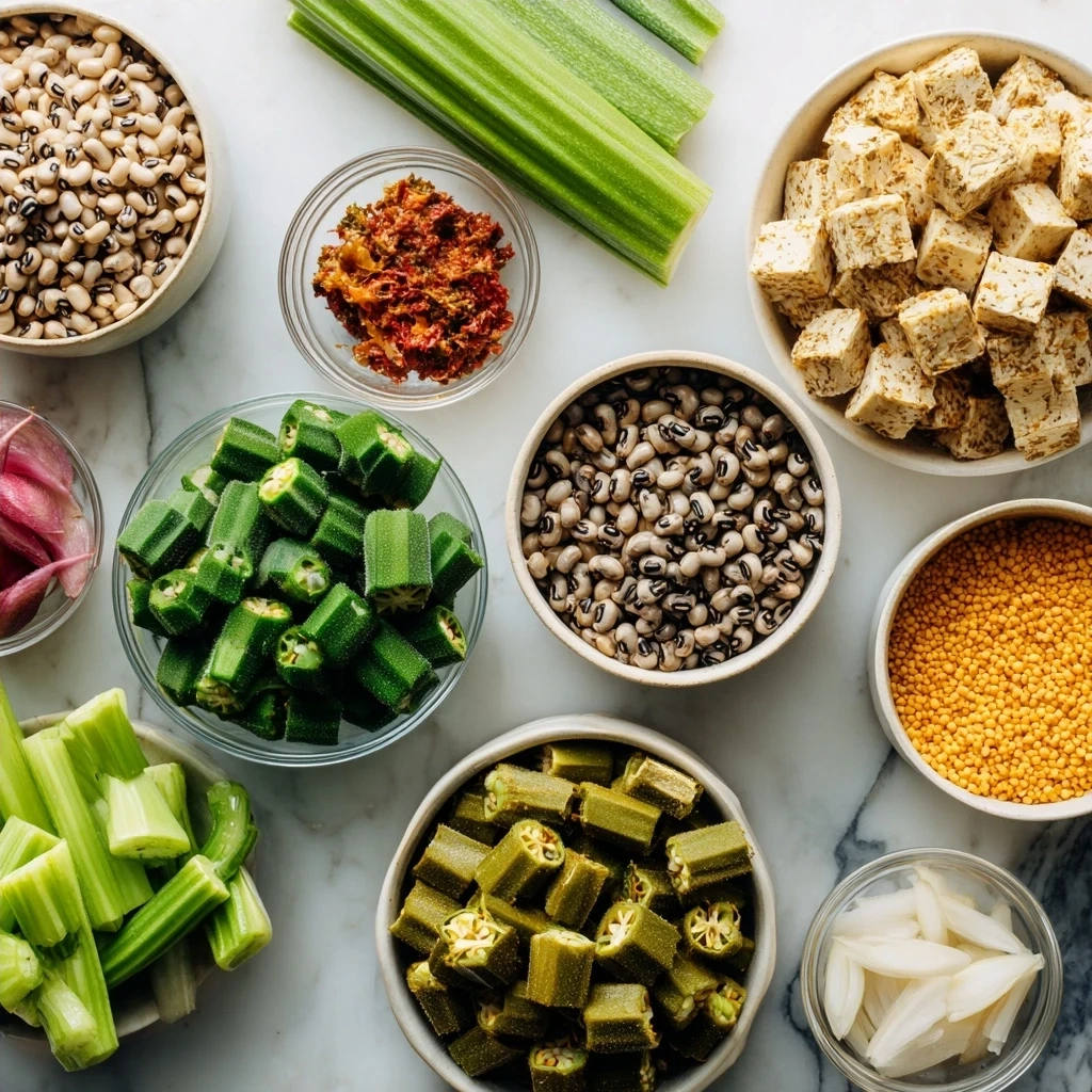Ingredients for making Black-Eyed Peas Okra Stew including olive oil, onion, garlic, bell pepper, diced tomatoes, black-eyed peas, frozen okra, vegetable broth, and spices.