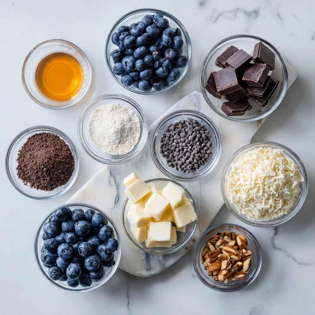 Ingredients for making Blueberry Cheesecake Protein Bites: rolled oats, vanilla protein powder, softened cream cheese, honey, almond milk, vanilla extract, blueberries, and white chocolate chips.