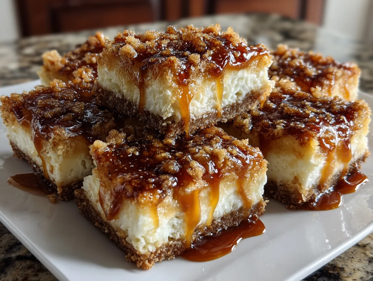 Caramel Apple Cheesecake Bars Displayed on a Wooden Surface