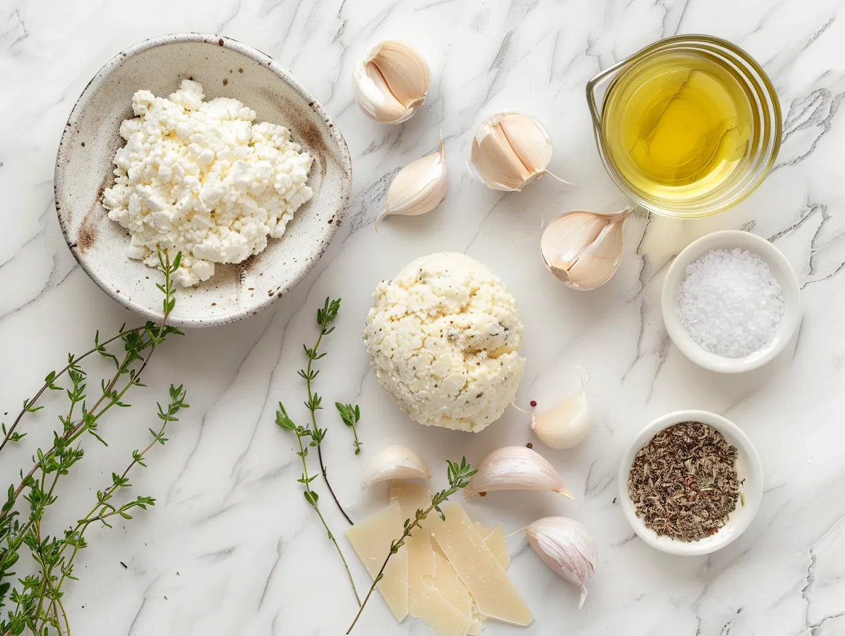 Classic cheese ball ingredients: cream cheese, cheddar, monterey jack, pecans, green onions, worcestershire sauce, and garlic powder.