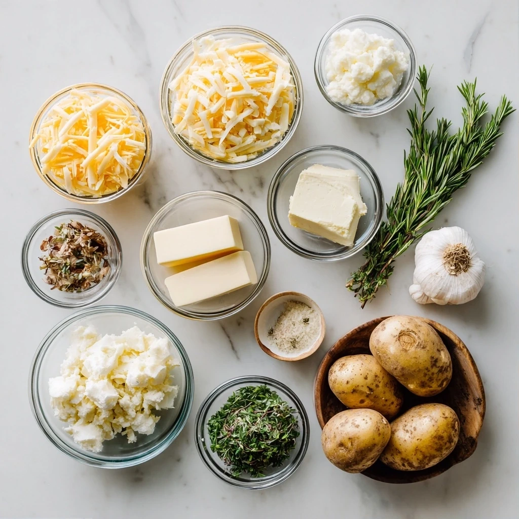 Ingredients for Cheesy Potato Skins including russet potatoes, olive oil, sea salt, black pepper, shredded cheddar cheese, crumbled bacon, sour cream and chopped green onions