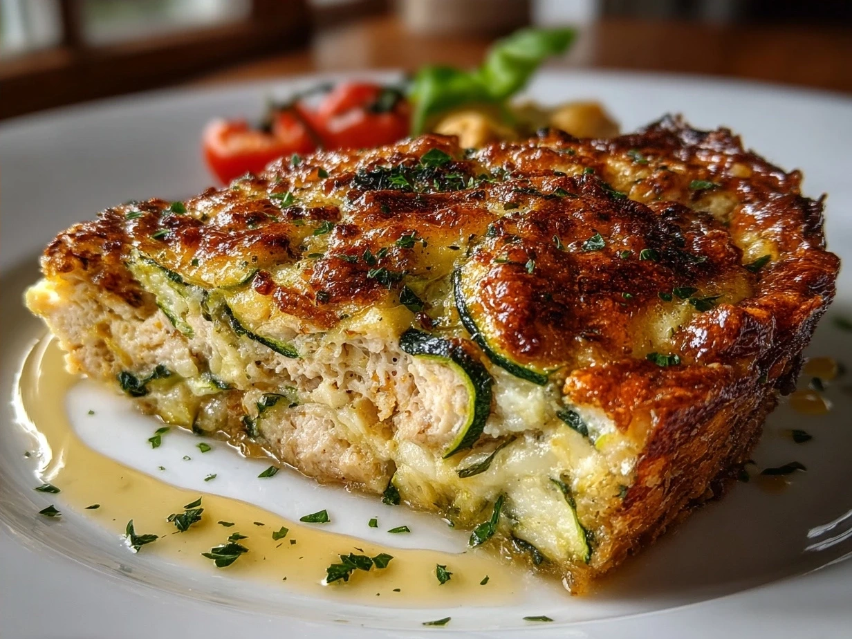 Finished Chicken and Zucchini Bake in a baking dish, ready to serve.
