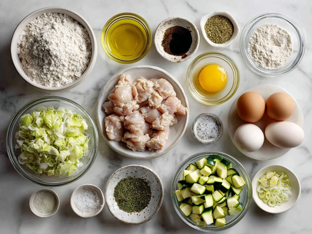 Ingredients for Chicken and Zucchini Bake: chicken, zucchini, onion, garlic, diced tomatoes, heavy cream, Parmesan cheese, Italian seasoning, salt, pepper, and olive oil.