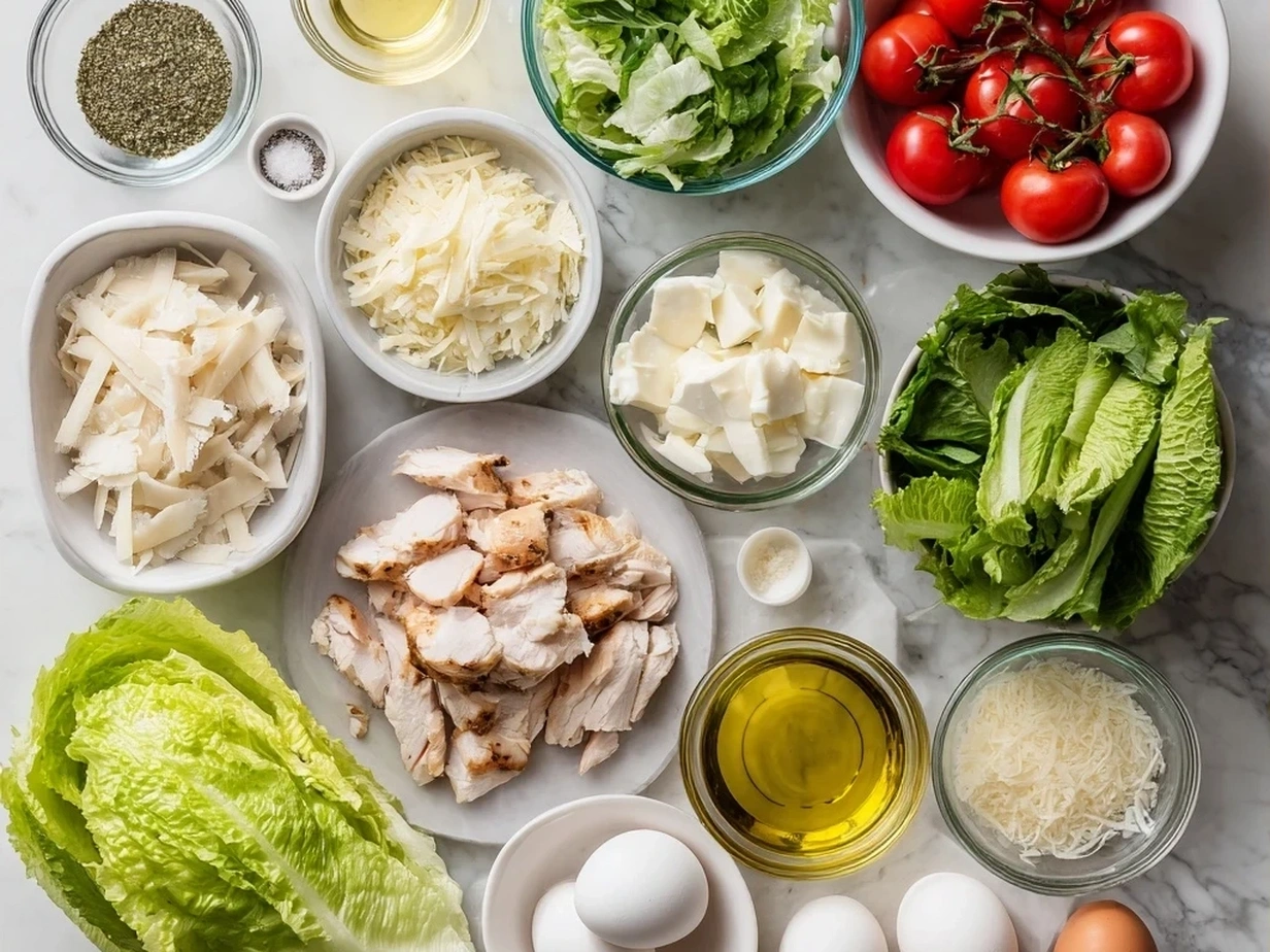 Chicken Caesar Wrap Ingredients: flour tortillas, cooked chicken, Caesar dressing, Parmesan cheese, croutons, and romaine lettuce