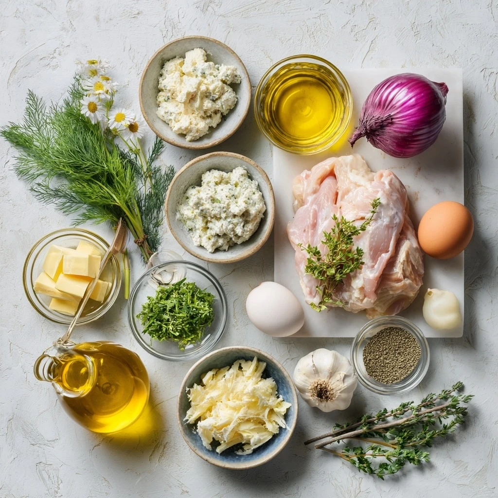 Ingredients for Chicken with Boursin Sauce including chicken breasts, Boursin cheese, chicken broth, and spices