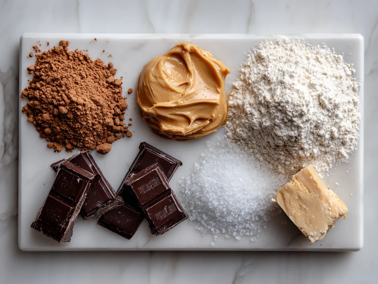 Ingredients for making chocolate peanut butter pie, including chocolate wafers, peanut butter, and chocolate chips