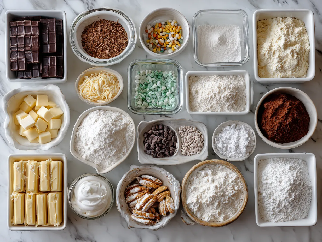 Ingredients for Christmas Lights Cookies including flour, butter, sugar, eggs, and royal icing.