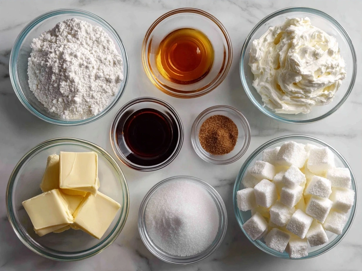 Ingredients for making Christmas Cool Whip Candy including cream cheese, cool whip, sweetened condensed milk, vanilla extract, peppermint extract, powdered sugar, and crushed peppermint candies.