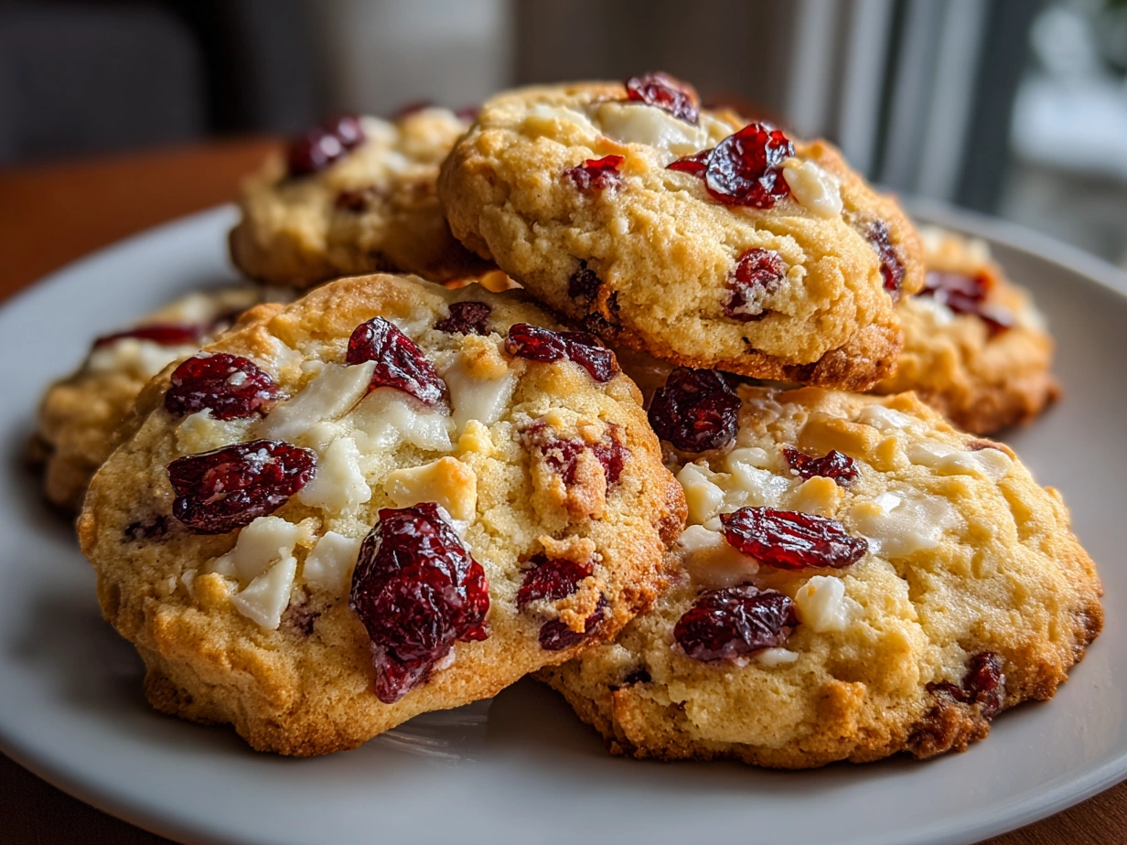 Close up of Christmas Cranberry Orange Cookies on a plate.