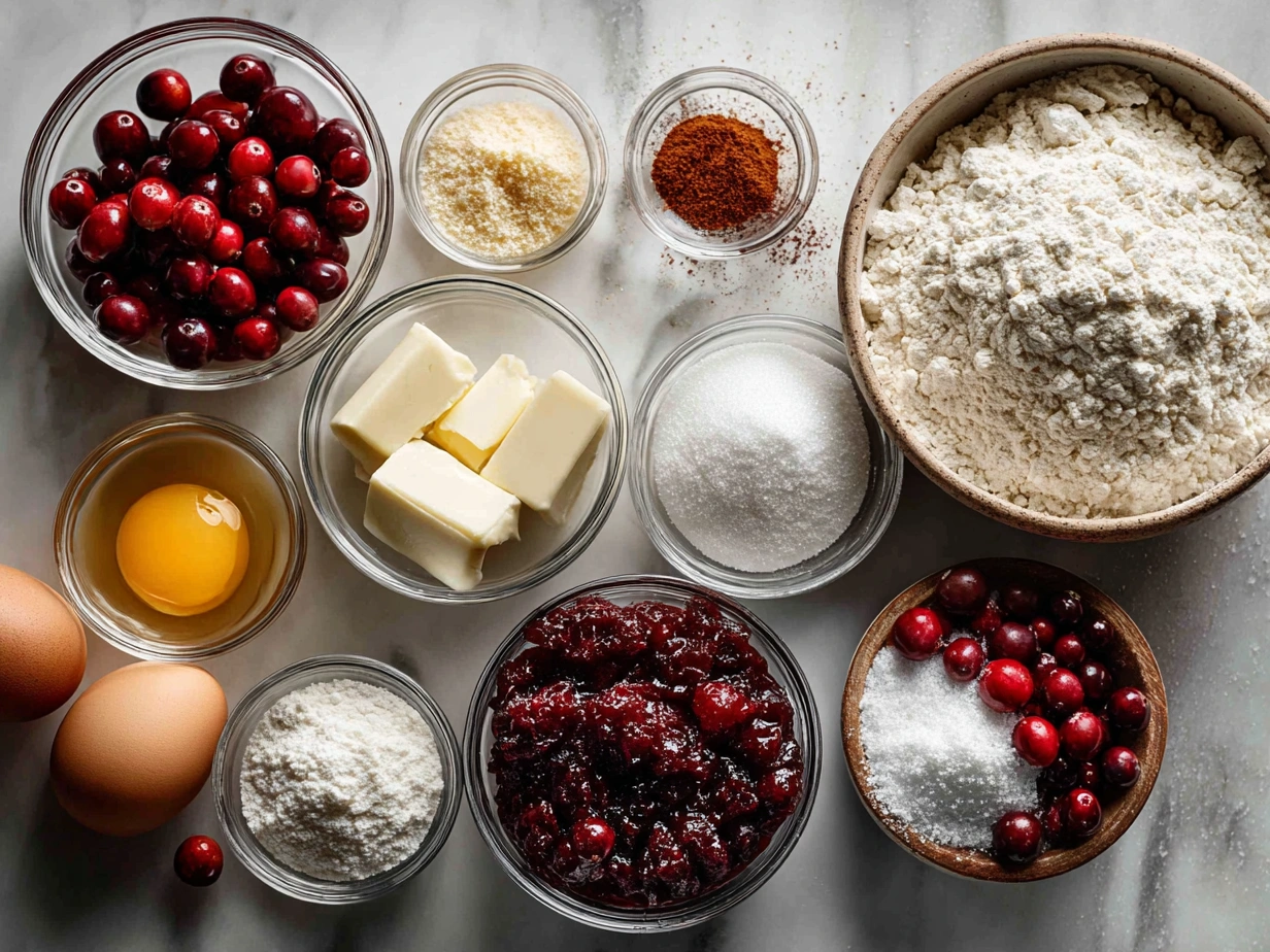 Ingredients for Christmas Cranberry Orange Cookies including butter, sugar, eggs, flour, cranberries, and orange zest.