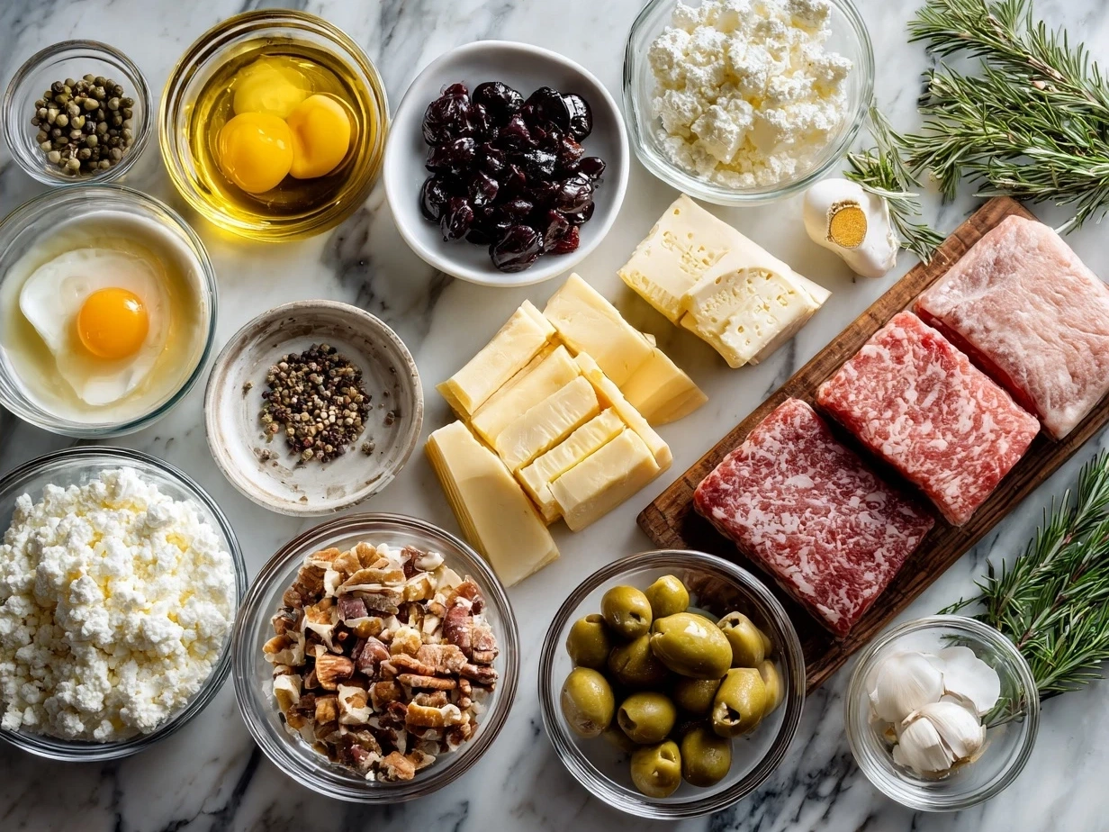 Ingredients for Christmas Tree Charcuterie Board including cheese, meats, crackers, fruits, and vegetables