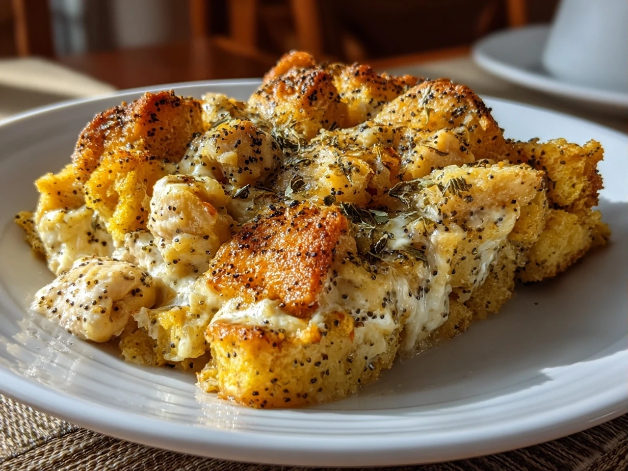 A close-up shot of a slice of poppy seed chicken casserole, showcasing its creamy texture and golden-brown topping.