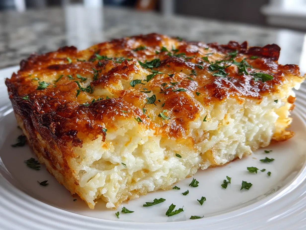 Close-up shot of a golden brown Copycat Cracker Barrel Hashbrown Casserole