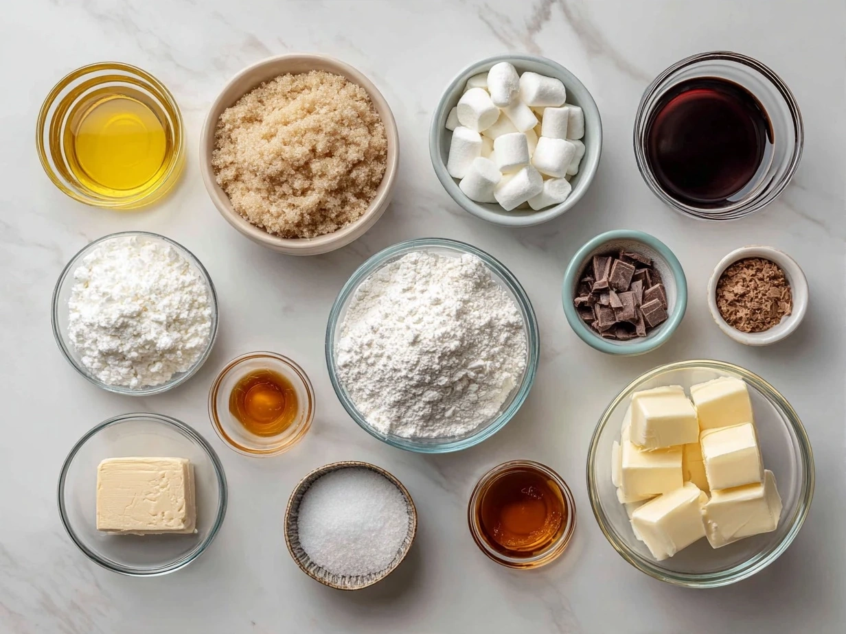 Ingredients for cotton candy fudge: sugar, butter, evaporated milk, marshmallow cream, cotton candy flavoring, pink food coloring, and white chocolate chips.