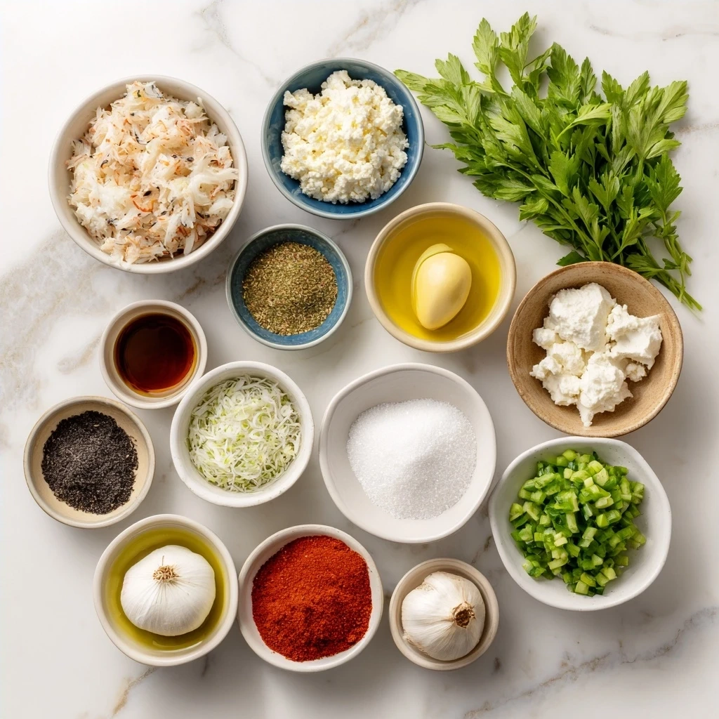 Ingredients for crab dip recipe: cream cheese, mayonnaise, sour cream, green onions, lemon juice, Old Bay seasoning, garlic powder, paprika, lump crab meat, salt and pepper.