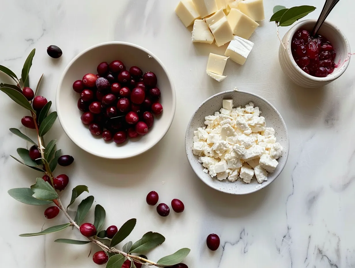 Ingredients for making cranberry brie bites on a marble surface.