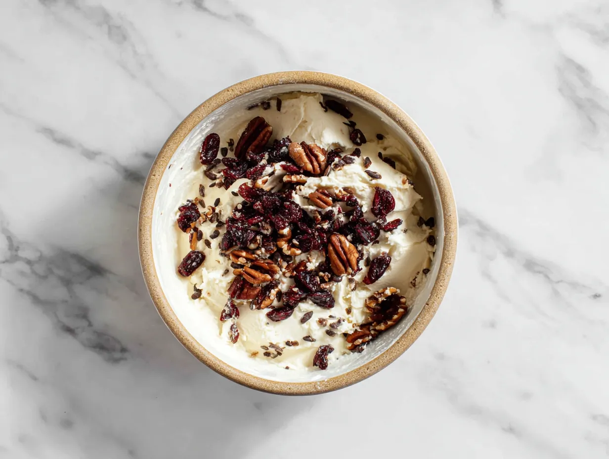 Ingredients for making a Cranberry Pecan Cheesecake Ball: cream cheese, powdered sugar, vanilla extract, dried cranberries, pecans, and brown sugar.