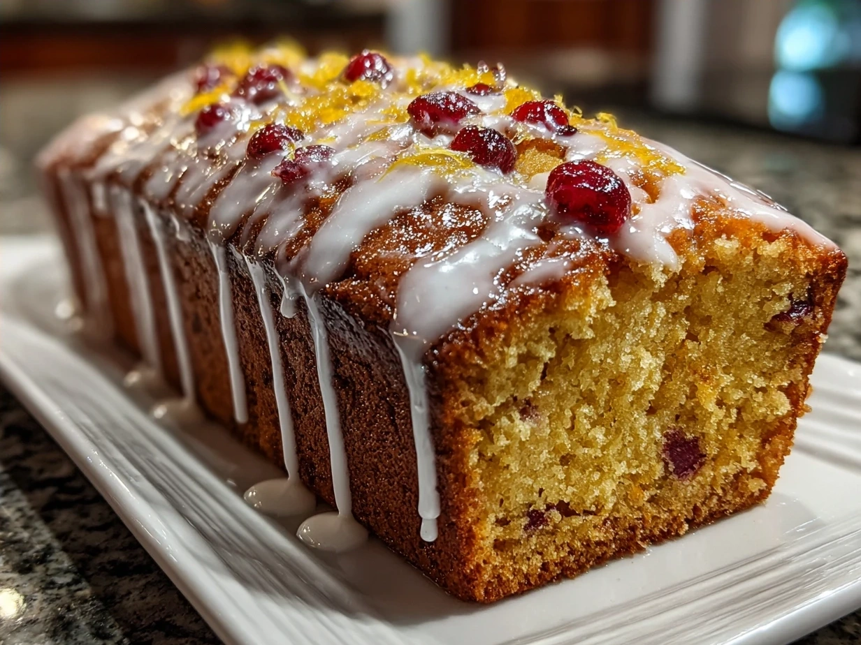A slice of Cranberry Orange Bread with Glaze on a plate.