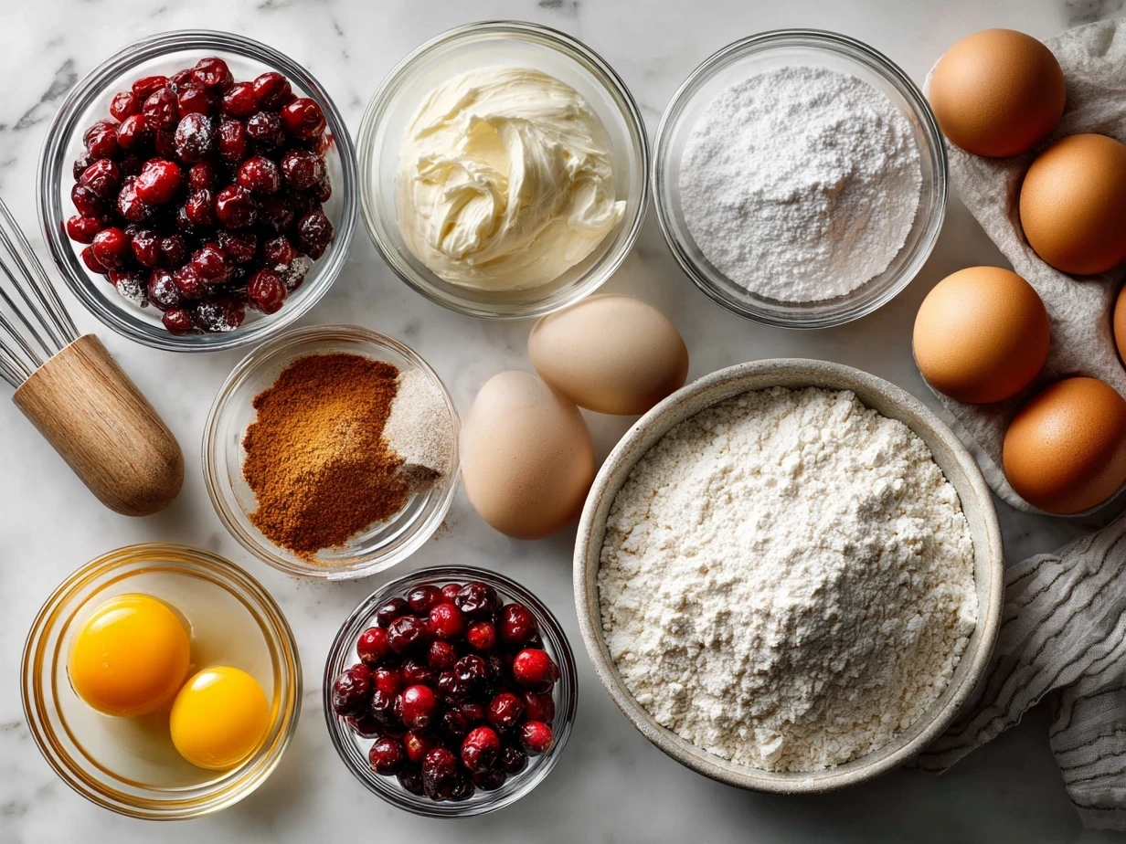 All the ingredients needed to make Cranberry Orange Bread with Glaze, including flour, sugar, eggs, cranberries, and oranges.