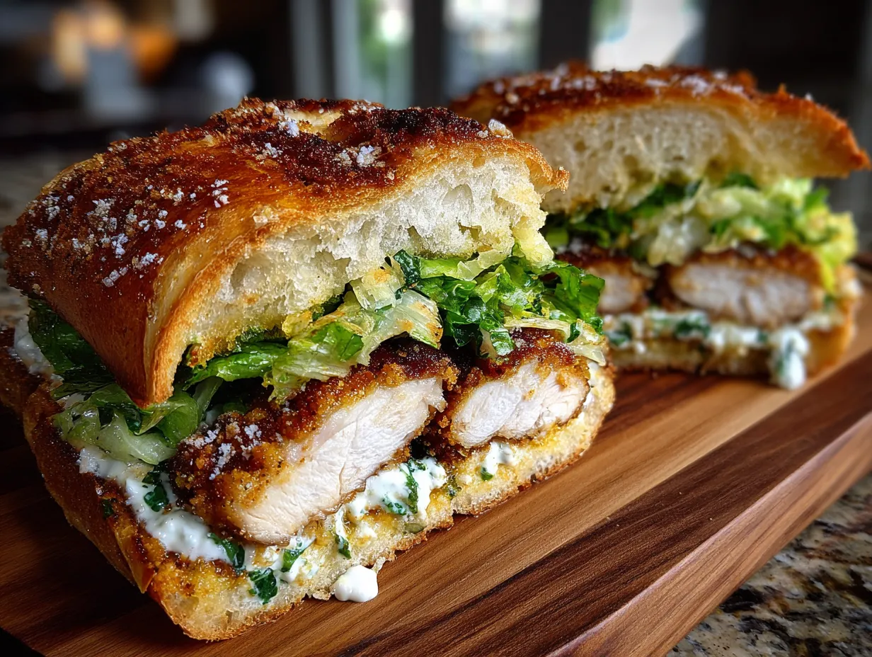 Crispy Chicken Caesar Sandwich on a wooden board
