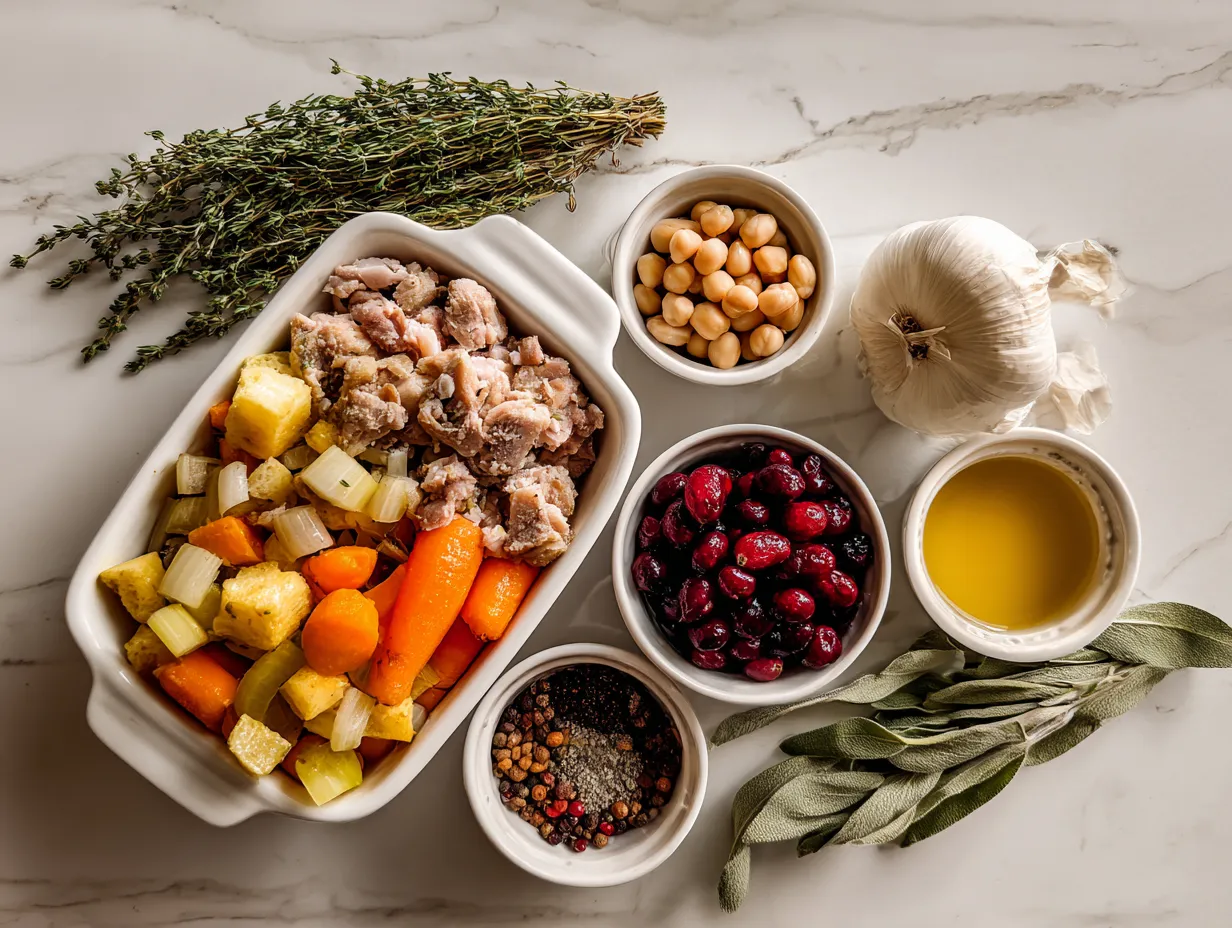 Ingredients for Crockpot Stuffing displayed on a wooden surface, including bread cubes, butter, onions, celery, and spices.