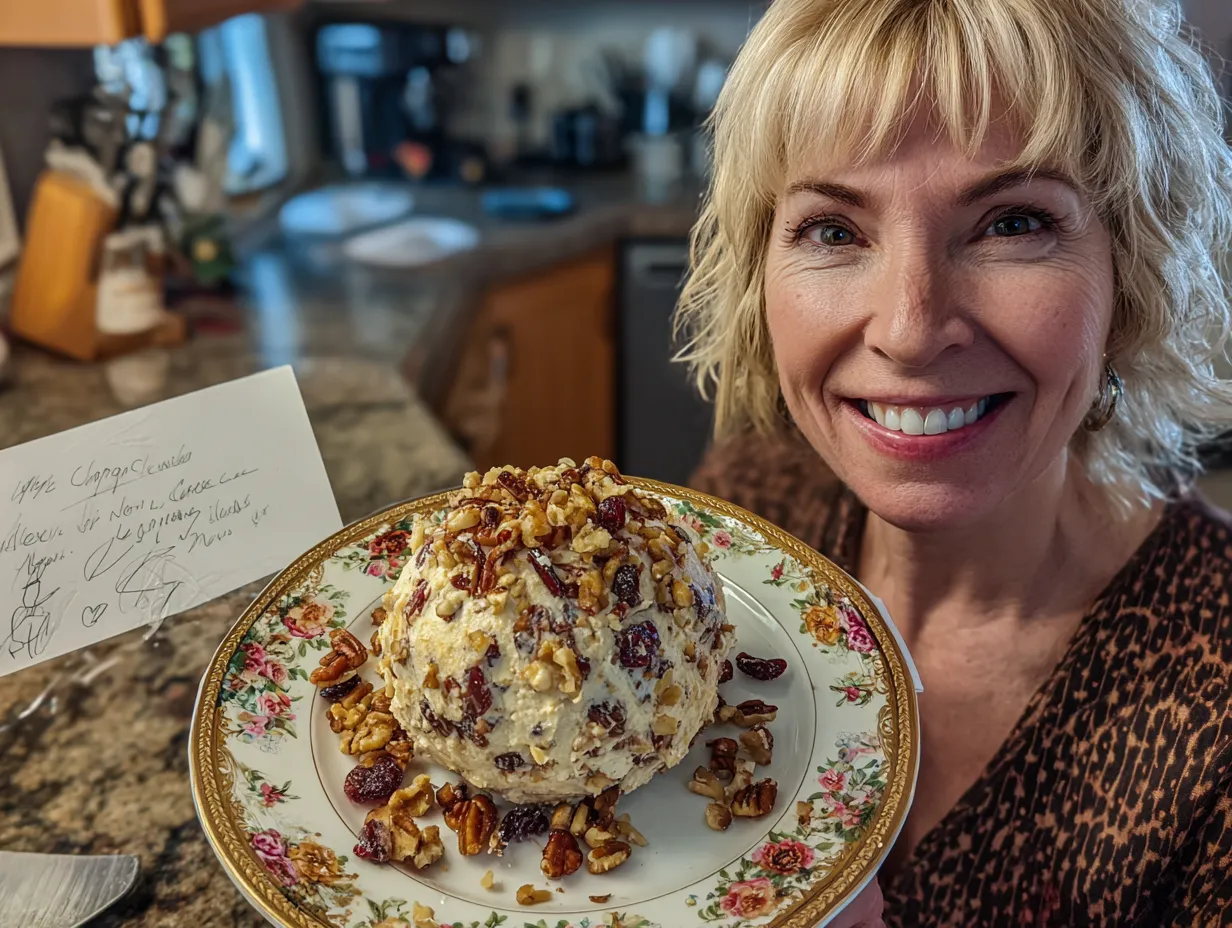 Delicious Cranberry Pecan Cheesecake Ball served with crackers.