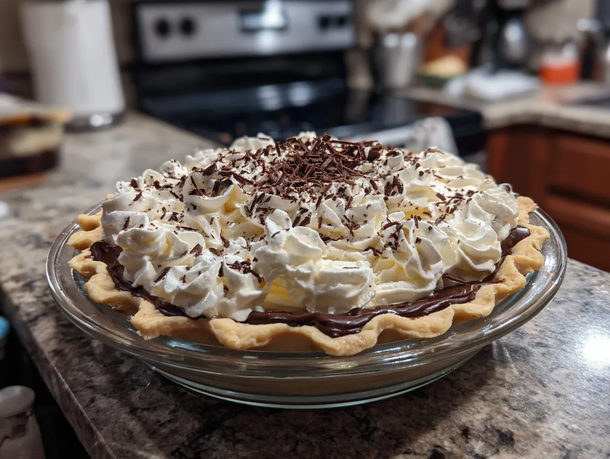 Family enjoying slices of chocolate peanut butter pie at the dinner table