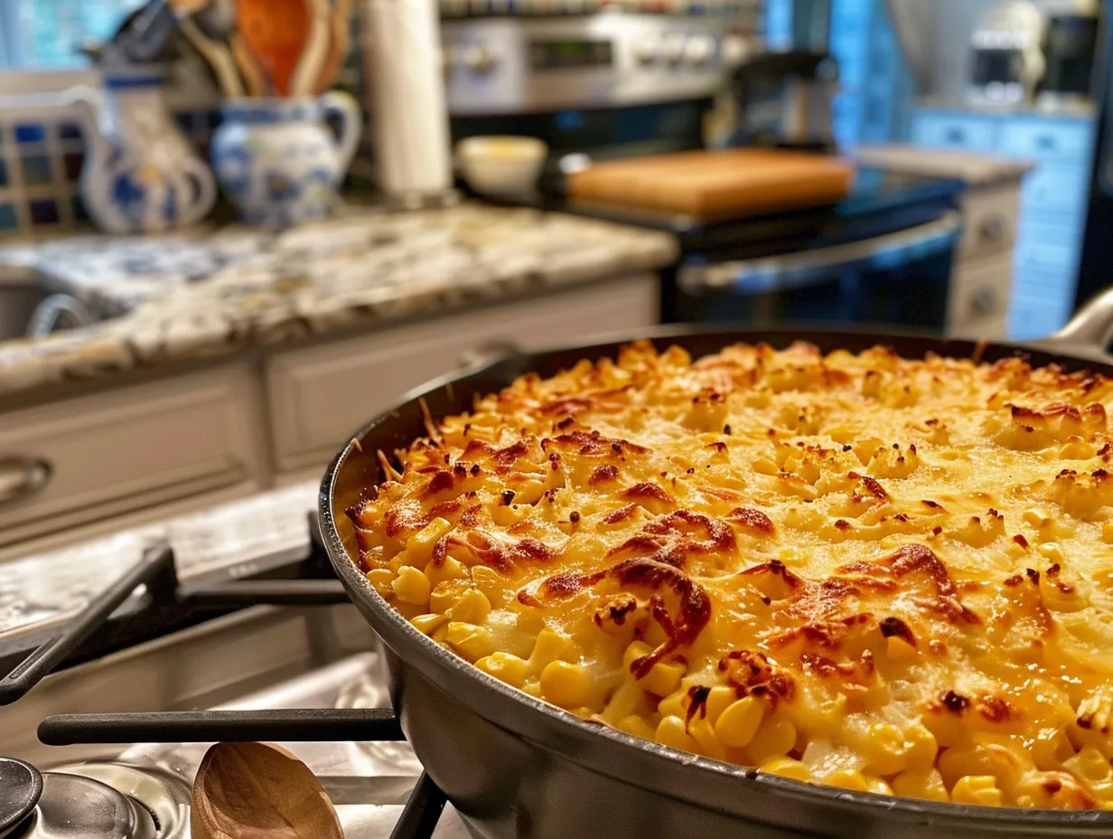 Finished honey-glazed corn casserole, golden brown and ready to serve.