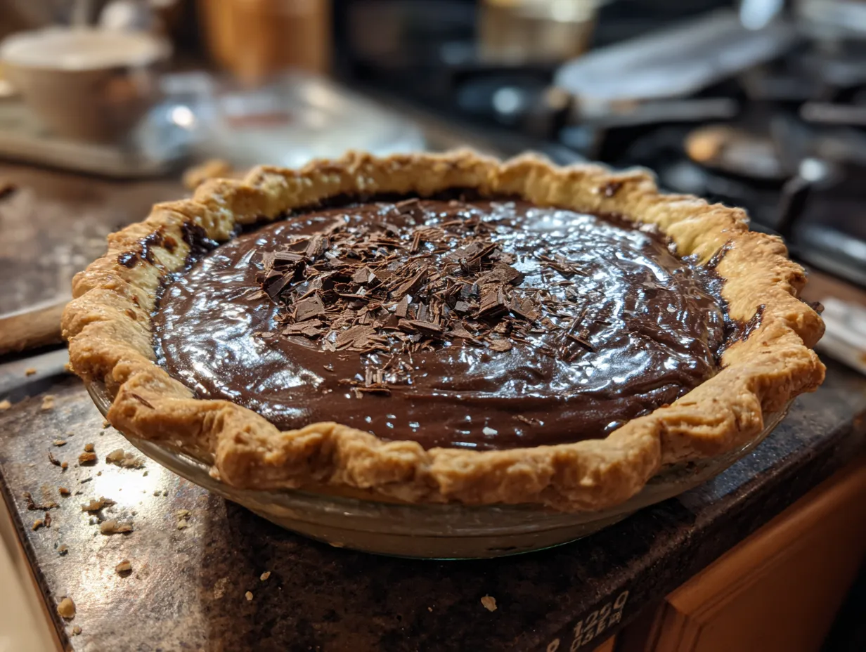 Triple Chocolate Pie with chocolate shavings and fresh raspberries.
