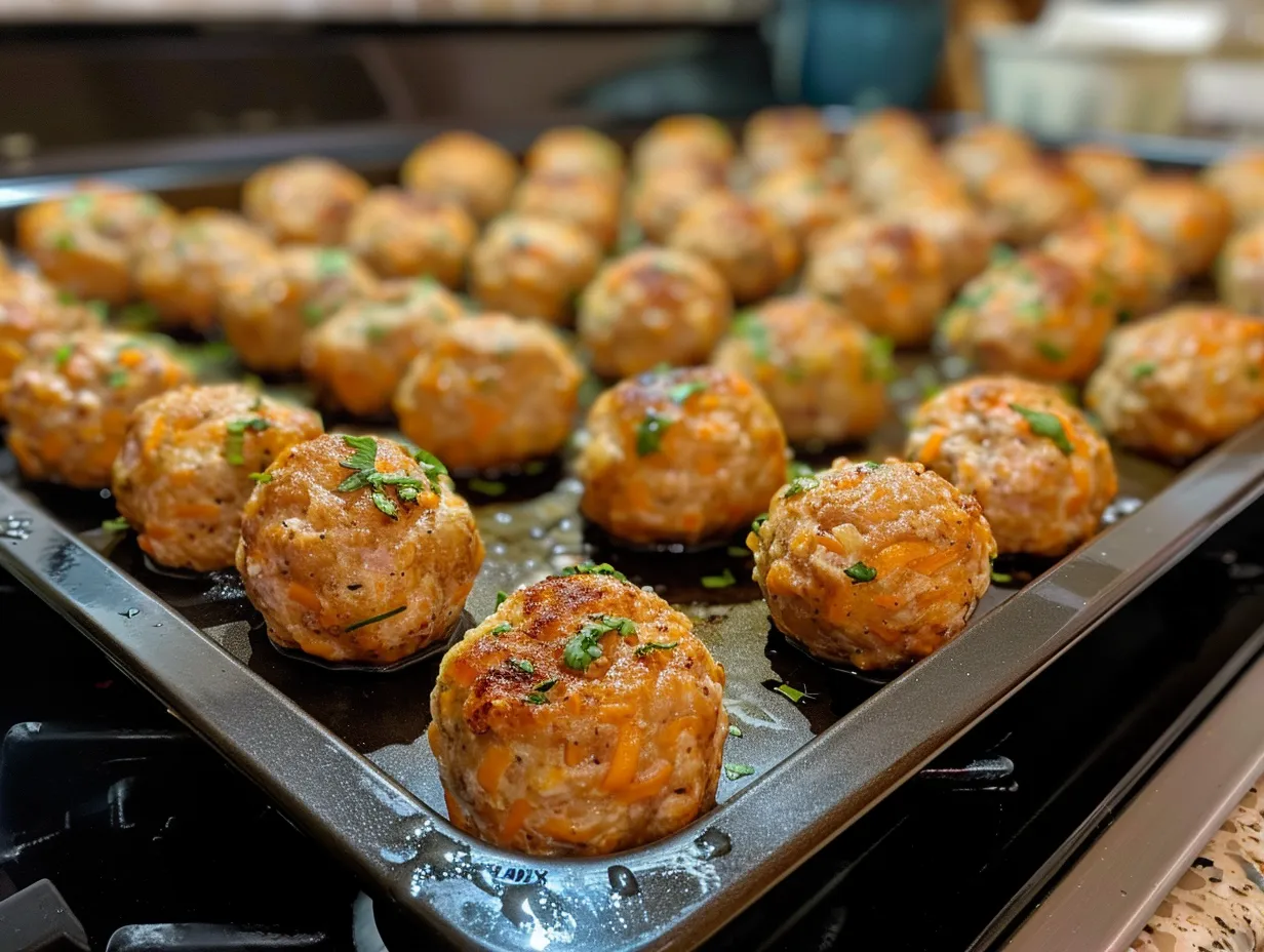 Finished Bisquick Sausage Balls on the stove, golden brown and ready to serve.