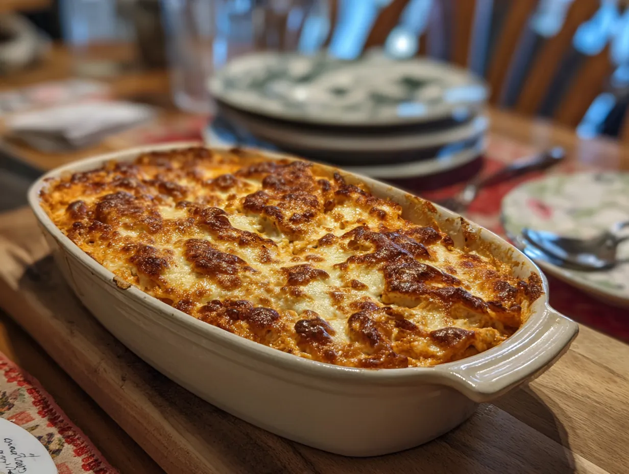Finished Buffalo Chicken Dip with crumbled blue cheese and green onions, next to a handwritten note.
