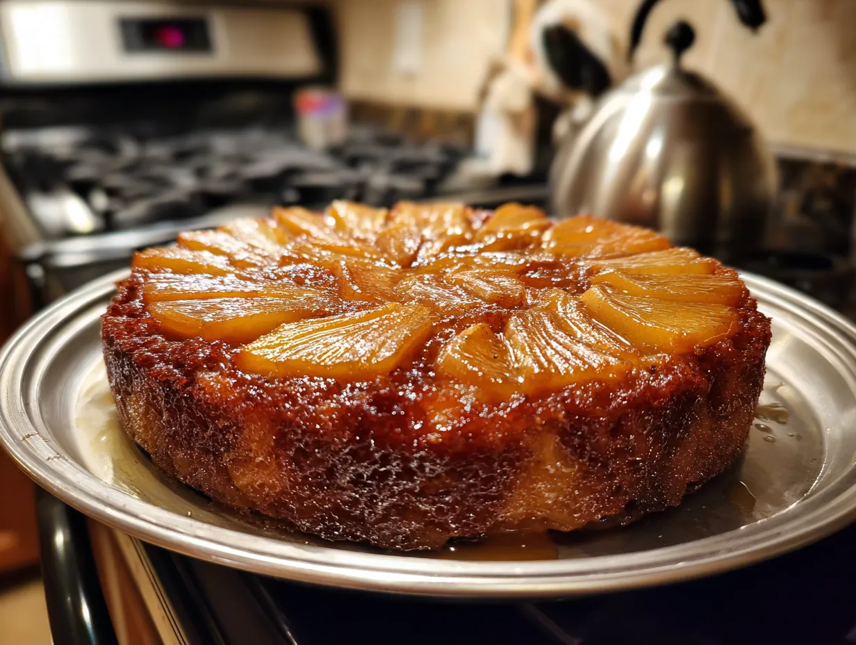 A finished Caramel Apple Upside-Down Cake on a white plate, ready to be served.