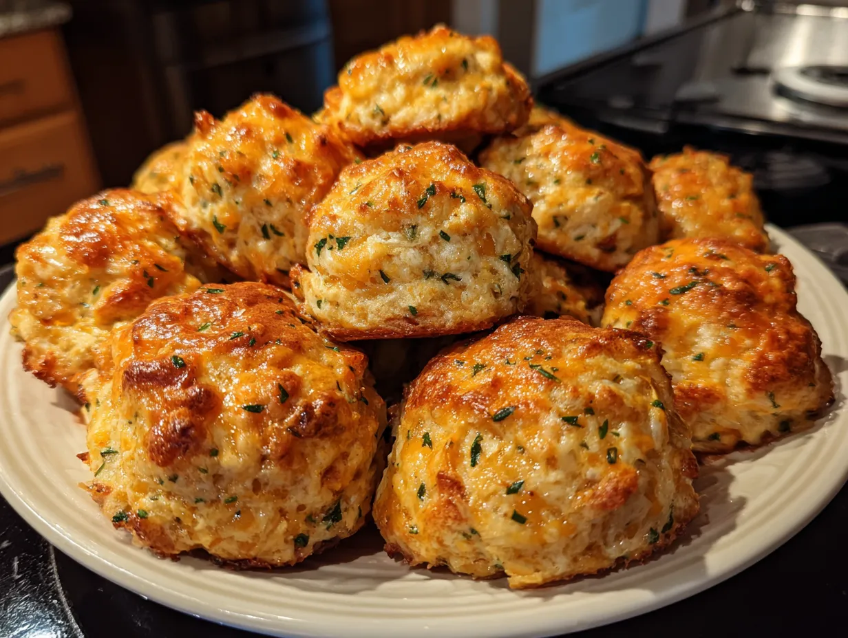 A plate of golden brown Cheddar Bay Biscuit Sausage Balls, ready to be served
