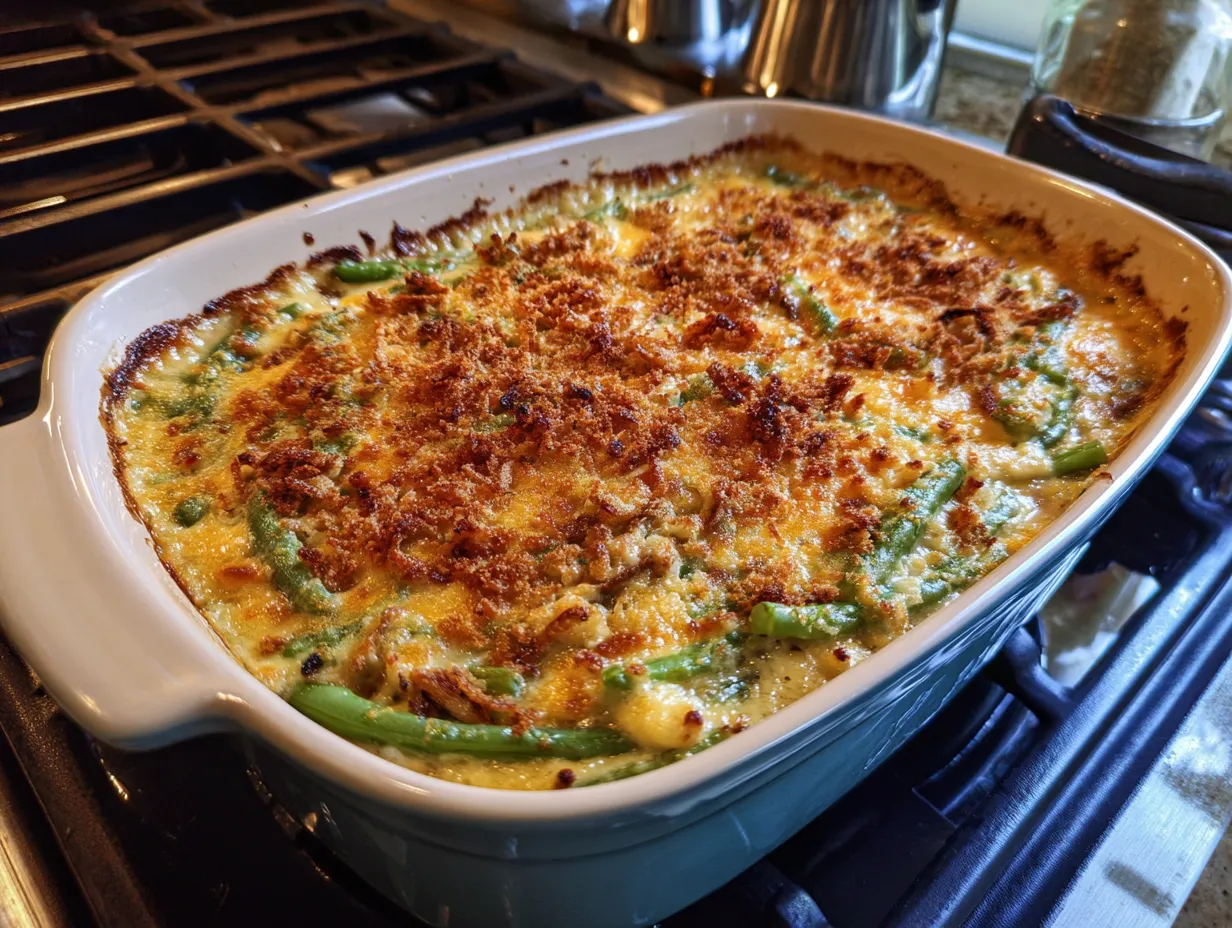 A delicious Cheesy Green Bean Casserole, baked to perfection with a golden brown, crispy onion topping.