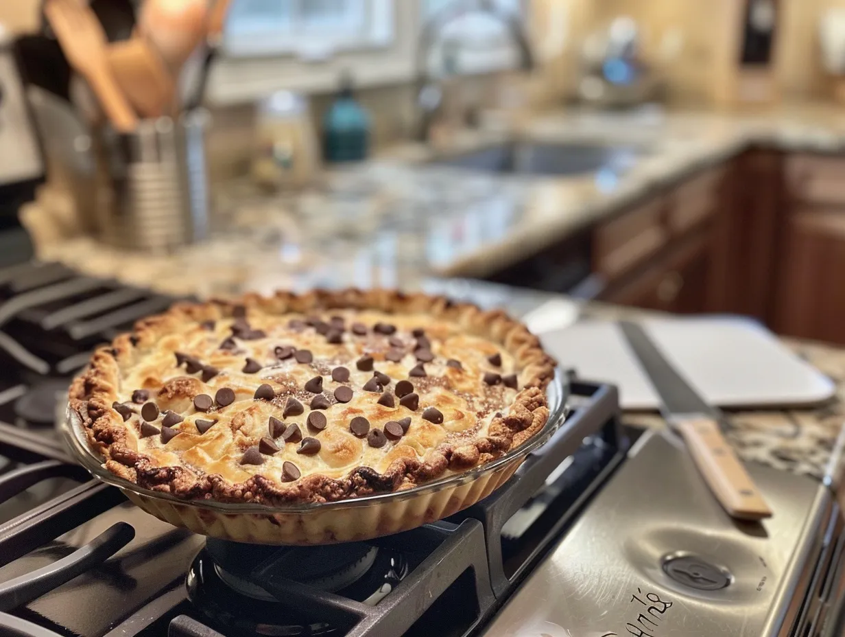 Finished Chocolate Chip Cannoli Pie, sliced and ready to serve, topped with chocolate chips.